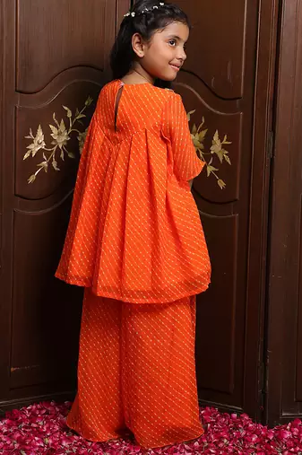 Vibrant orange embroidered georgette kurti set