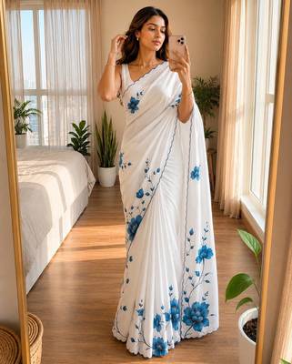 White soft chinon silk blend floral print ready to wear saree 1