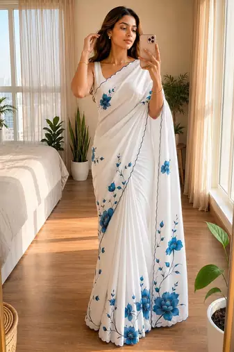 White soft chinon silk blend floral print ready to wear saree