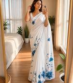 White soft chinon silk blend floral print ready to wear saree