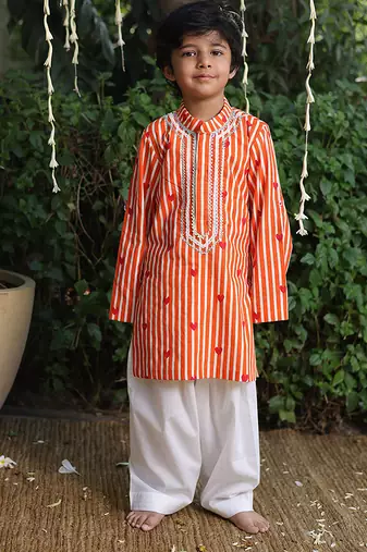 Orange printed cotton kurta pyjama
