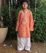 Orange printed cotton kurta pyjama