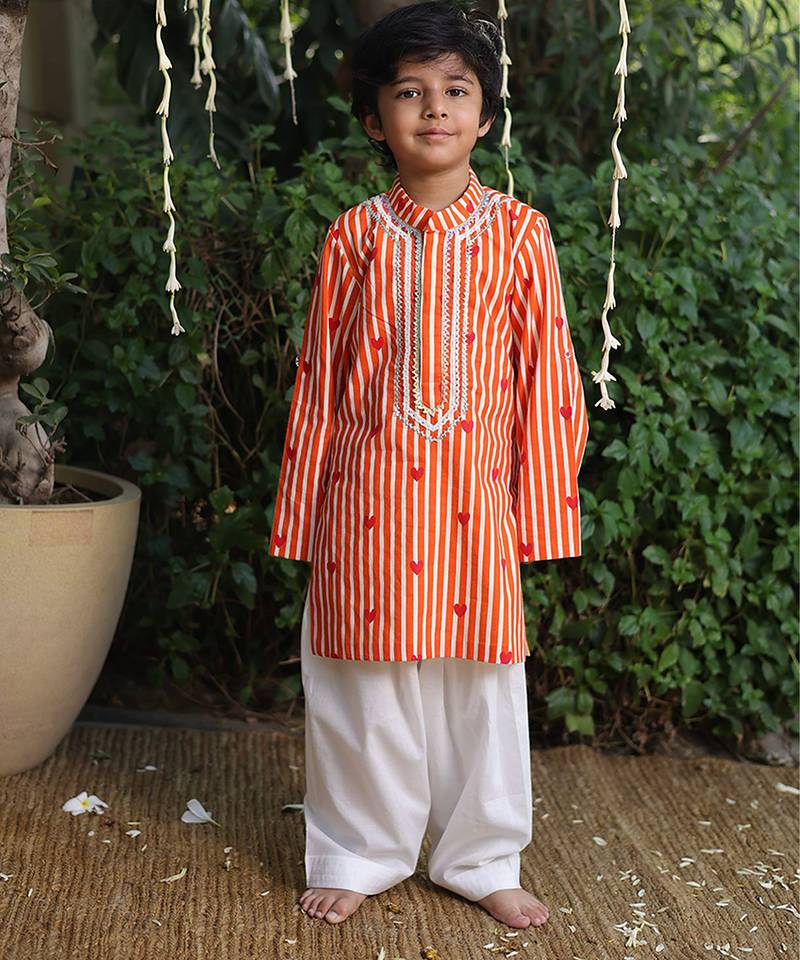 Orange printed cotton kurta pyjama