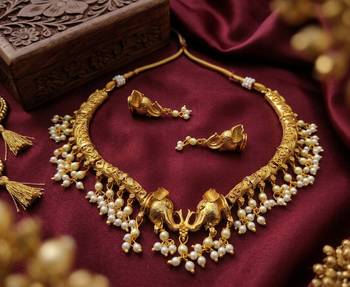 Antique gold plated elephant temple jewelry set traditional indian choker necklace & earrings for wedding & festivals 1