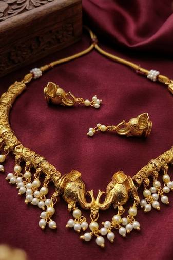 Antique gold plated elephant temple jewelry set traditional indian choker necklace & earrings for wedding & festivals