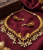 Antique gold plated elephant temple jewelry set traditional indian choker necklace & earrings for wedding & festivals