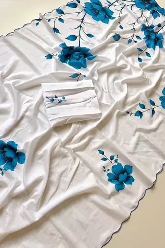White soft chinon silk blend floral print ready to wear saree