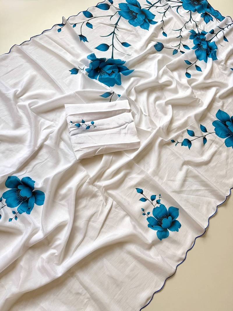 White soft chinon silk blend floral print ready to wear saree
