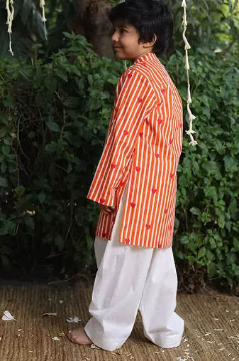 Orange printed cotton kurta pyjama