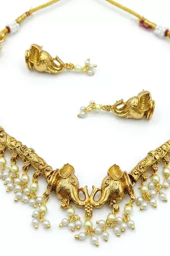 Antique gold plated elephant temple jewelry set traditional indian choker necklace & earrings for wedding & festivals