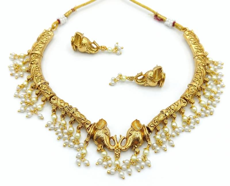 Antique gold plated elephant temple jewelry set traditional indian choker necklace & earrings for wedding & festivals
