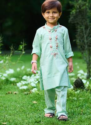Pastel mint green embroidered cotton kurta pyjama 1