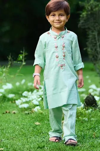 Pastel mint green embroidered cotton kurta pyjama