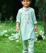 Pastel mint green embroidered cotton kurta pyjama