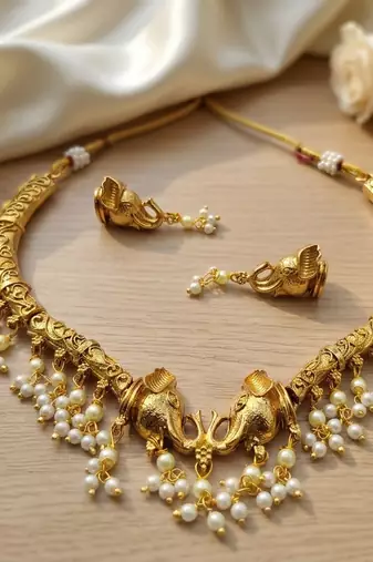Antique gold plated elephant temple jewelry set traditional indian choker necklace & earrings for wedding & festivals