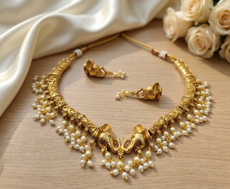 Antique gold plated elephant temple jewelry set traditional indian choker necklace & earrings for wedding & festivals
