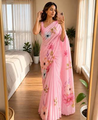 Pink soft chinon silk blend floral print ready to wear saree 1