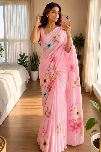 Pink soft chinon silk blend floral print ready to wear saree