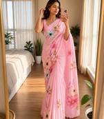 Pink soft chinon silk blend floral print ready to wear saree