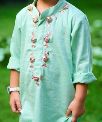 Pastel mint green embroidered cotton kurta pyjama 2