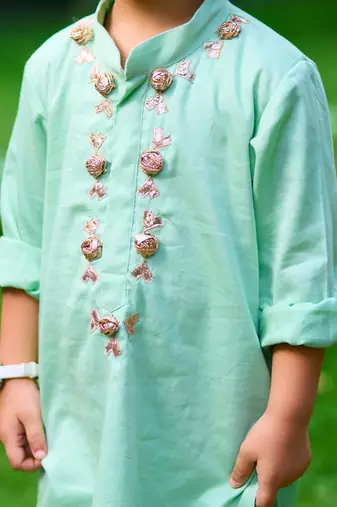 Pastel mint green embroidered cotton kurta pyjama