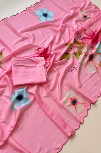 Pink soft chinon silk blend floral print ready to wear saree
