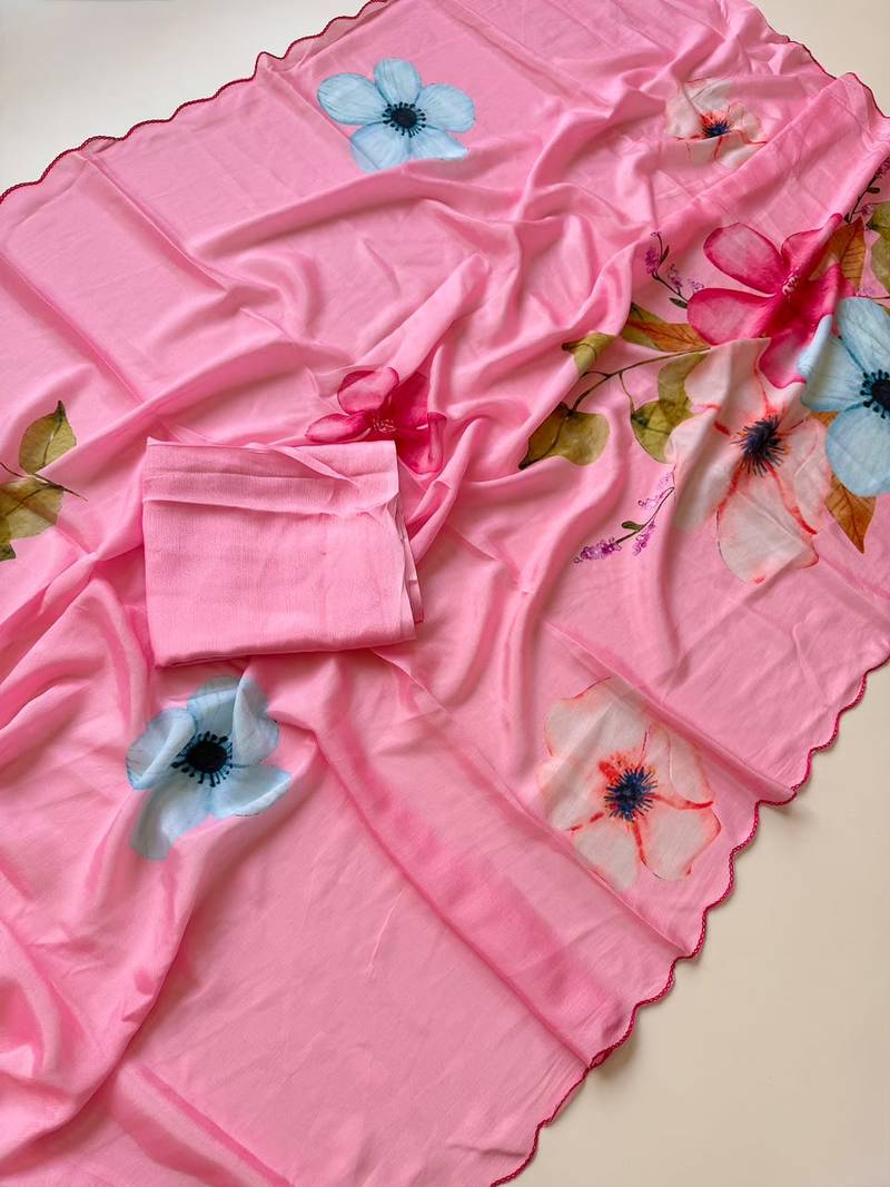 Pink soft chinon silk blend floral print ready to wear saree