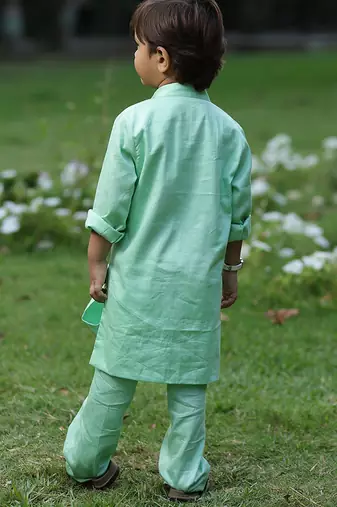 Pastel mint green embroidered cotton kurta pyjama