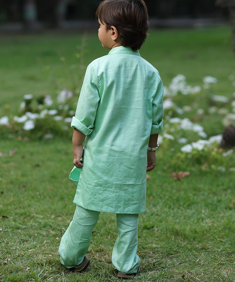 Pastel mint green embroidered cotton kurta pyjama