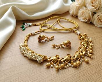 Antique gold south indian elephant temple choker necklace set with pearls | traditional ethnic bridal fashion jewelry 1