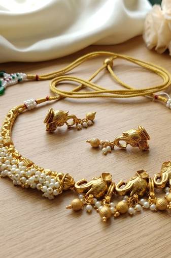Antique gold south indian elephant temple choker necklace set with pearls | traditional ethnic bridal fashion jewelry