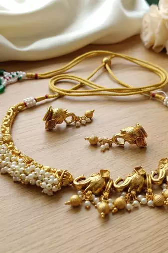 Antique gold south indian elephant temple choker necklace set with pearls | traditional ethnic bridal fashion jewelry
