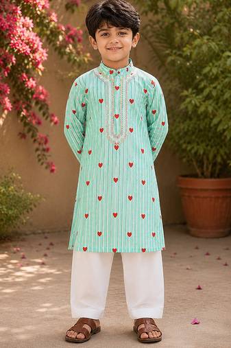 Mint green printed cotton kurta pyjama