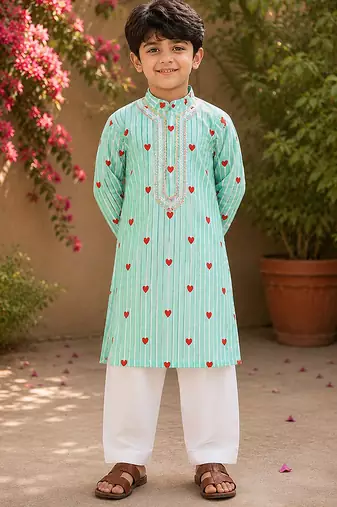 Mint green printed cotton kurta pyjama