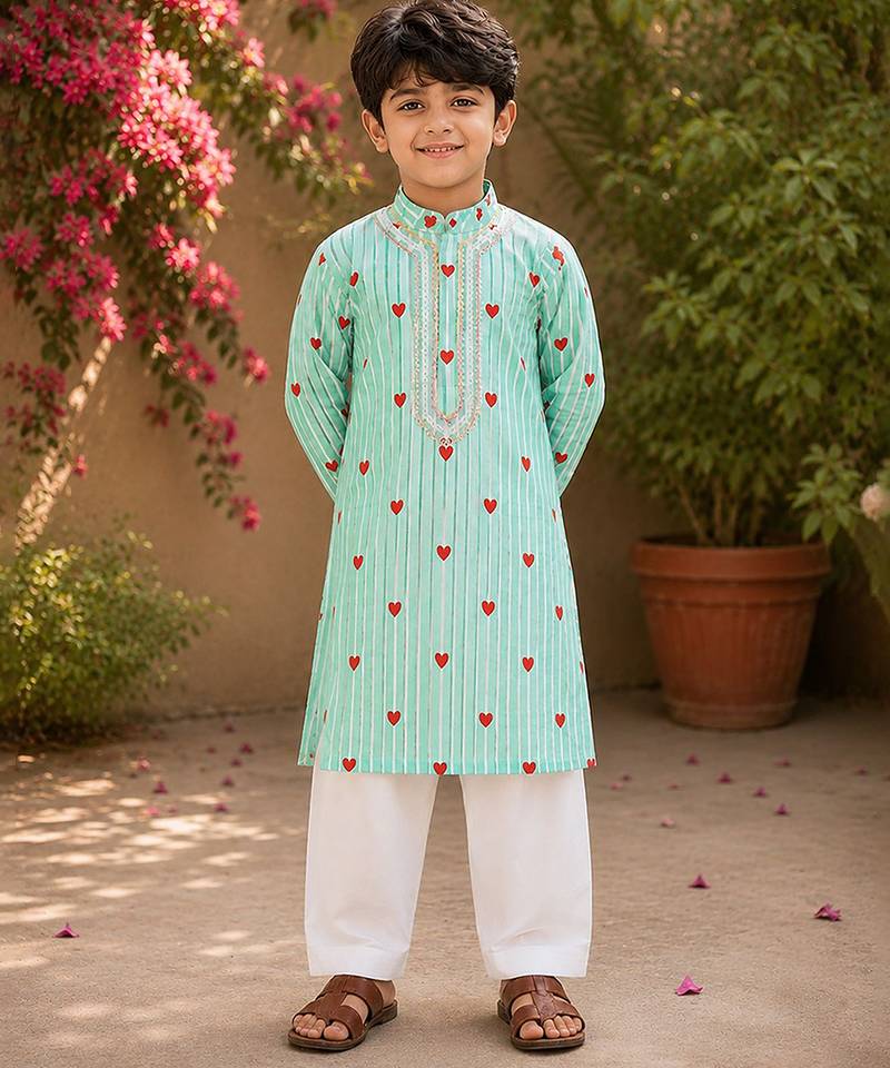Mint green printed cotton kurta pyjama