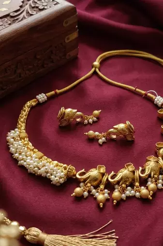 Antique gold south indian elephant temple choker necklace set with pearls | traditional ethnic bridal fashion jewelry