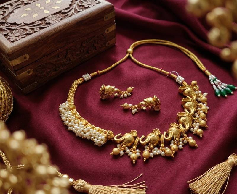 Antique gold south indian elephant temple choker necklace set with pearls | traditional ethnic bridal fashion jewelry