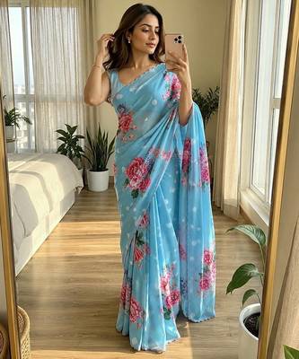 Sky blue soft chinon silk blend floral print ready to wear saree 1