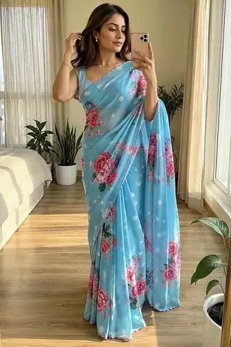 Sky blue soft chinon silk blend floral print ready to wear saree