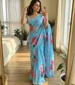Sky blue soft chinon silk blend floral print ready to wear saree