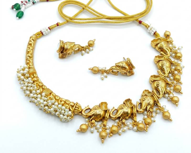 Antique gold south indian elephant temple choker necklace set with pearls | traditional ethnic bridal fashion jewelry