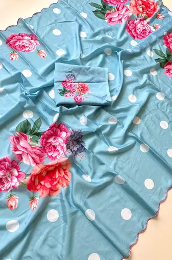 Sky blue soft chinon silk blend floral print ready to wear saree