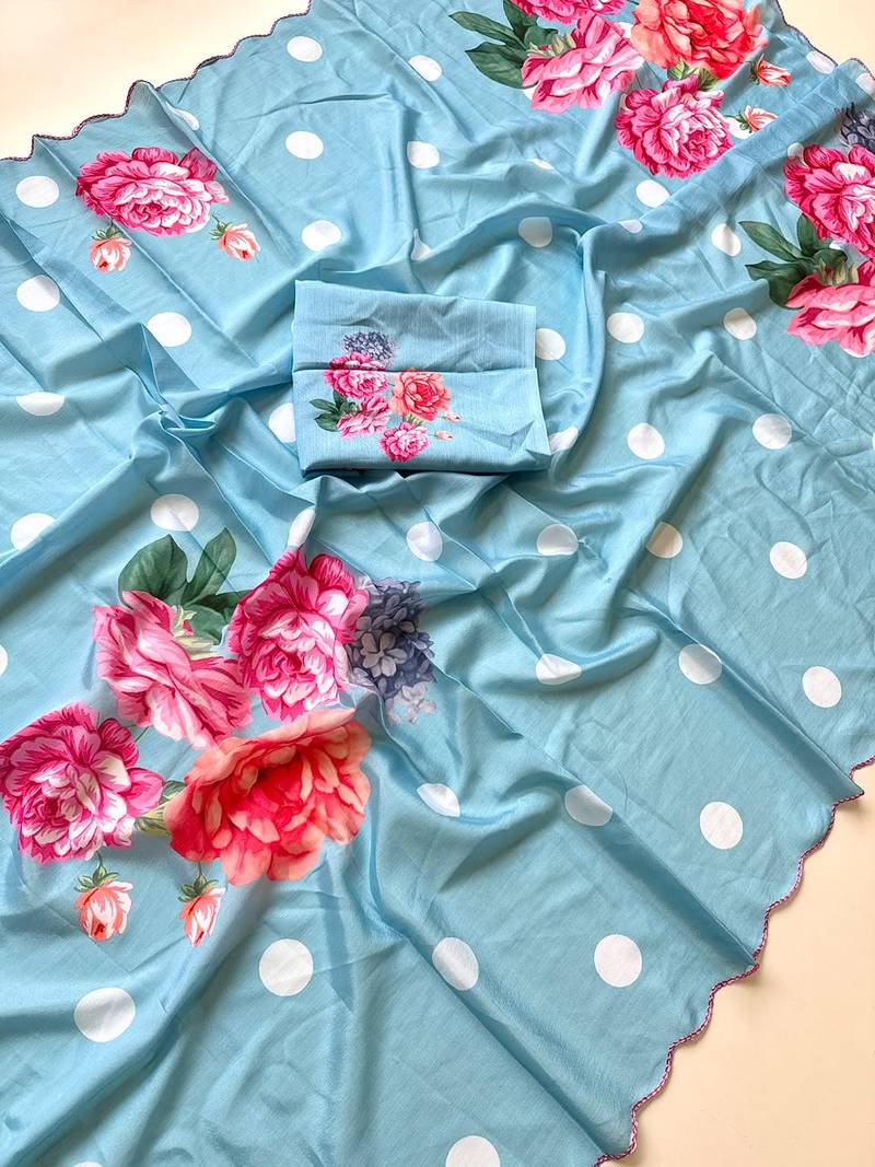 Sky blue soft chinon silk blend floral print ready to wear saree