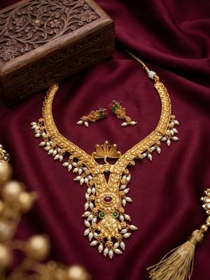 Gold plated traditional indian necklace set with pearls, ruby and emerald accents 2