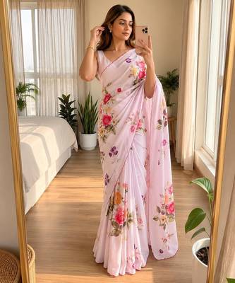 Pink soft chinon silk blend floral print ready to wear saree 1