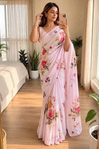Pink soft chinon silk blend floral print ready to wear saree