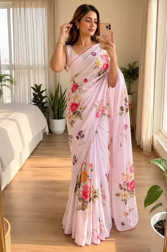 Pink soft chinon silk blend floral print ready to wear saree