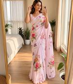 Pink soft chinon silk blend floral print ready to wear saree