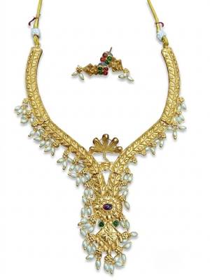 Gold plated traditional indian necklace set with pearls, ruby and emerald accents 3