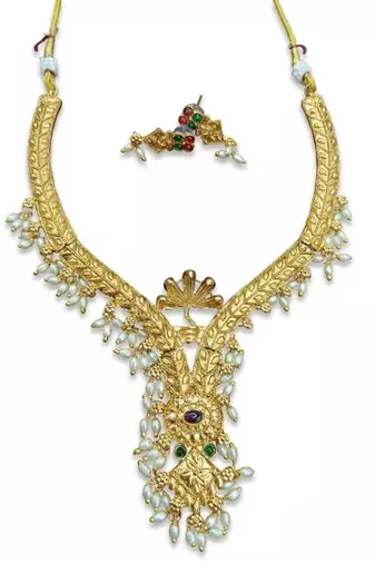 Gold plated traditional indian necklace set with pearls, ruby and emerald accents